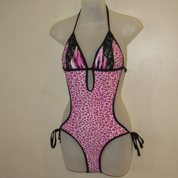Vtg Y2K GUESS Pink Leopard Cheetah Animal Print W/ Lace Monokini Swim Suit sz S - Picture 1 of 4
